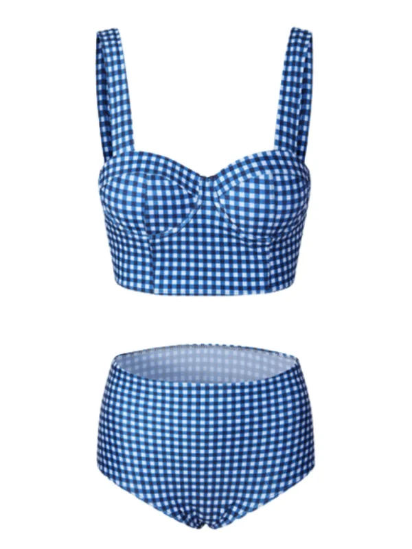 Blue 1950s Retro Plaid Strap Bikini Set