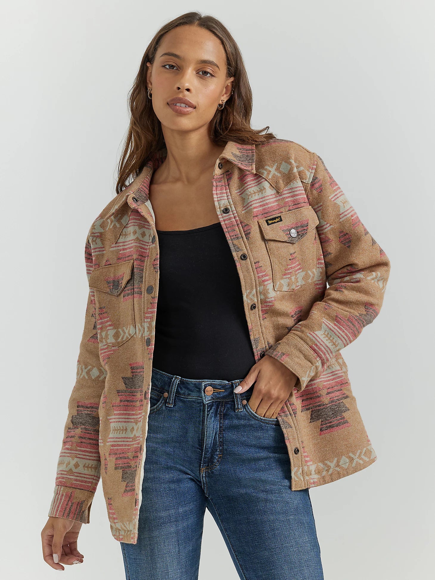Wrangler Retro Women's Southwestern Jacquard Shacket in Dune Trendy Women's Oversized Wrangler Retro Women's Southwestern Jacquard Shacket in Dune Trendy Women's Oversized