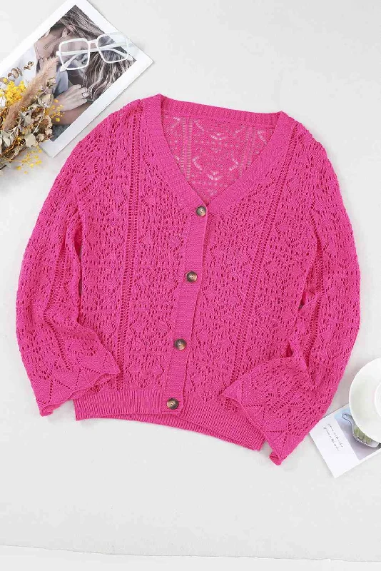 Openwork Button Down Cardigan Casual Women's Loose - fitting