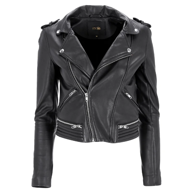 Maje Maya Biker Jacket with Quilt Detail in Black Leather Sophisticated Women's 