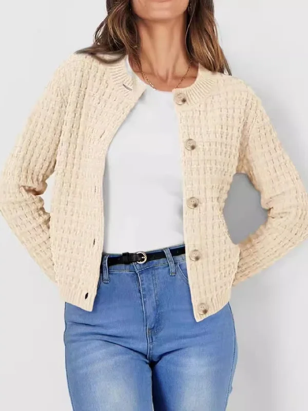 Button Up Round Neck Long Sleeve Cardigan Disco