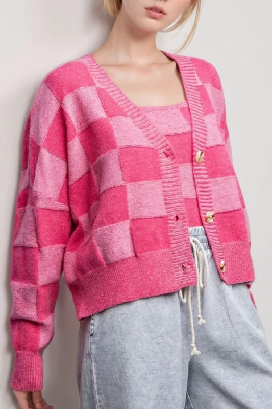 Checkered V-Neck Long Sleeve Cardigan Tough Women's Military - inspired