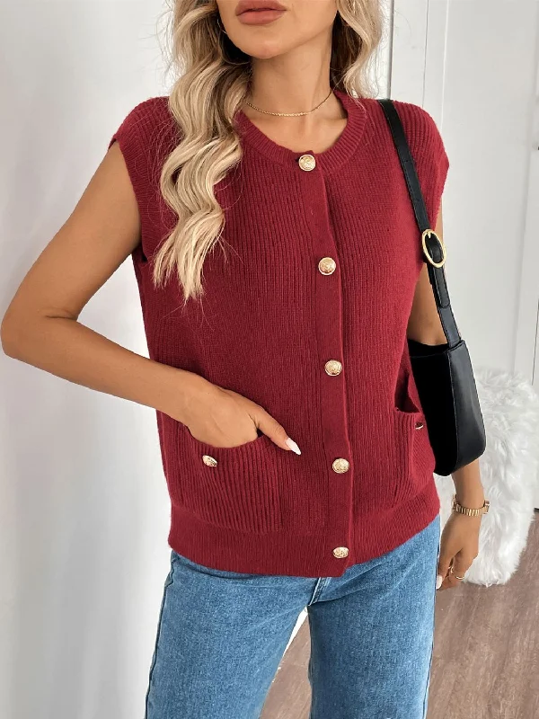 Perfee Pocketed Round Neck Cap Sleeve Cardigan Dynamic Women's Moto
