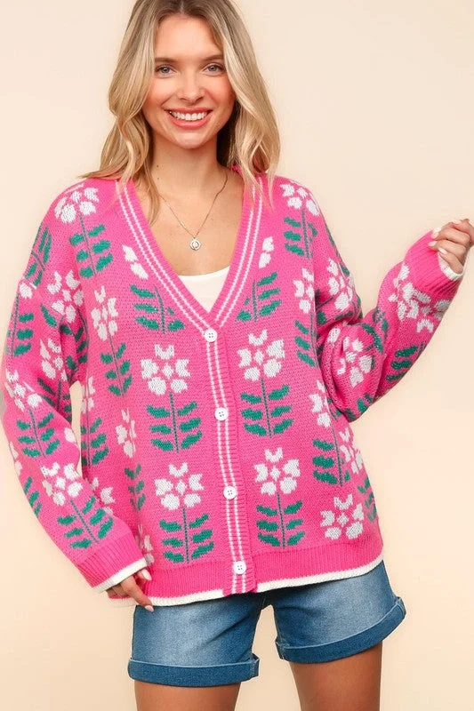 Haptics Full Size Floral Jacquard V-Neck Button Up Cardigan French