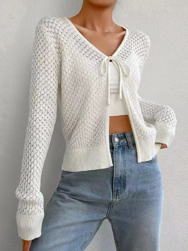 Tied Openwork V-Neck Long Sleeve Cardigan Relaxed Women's Beachy