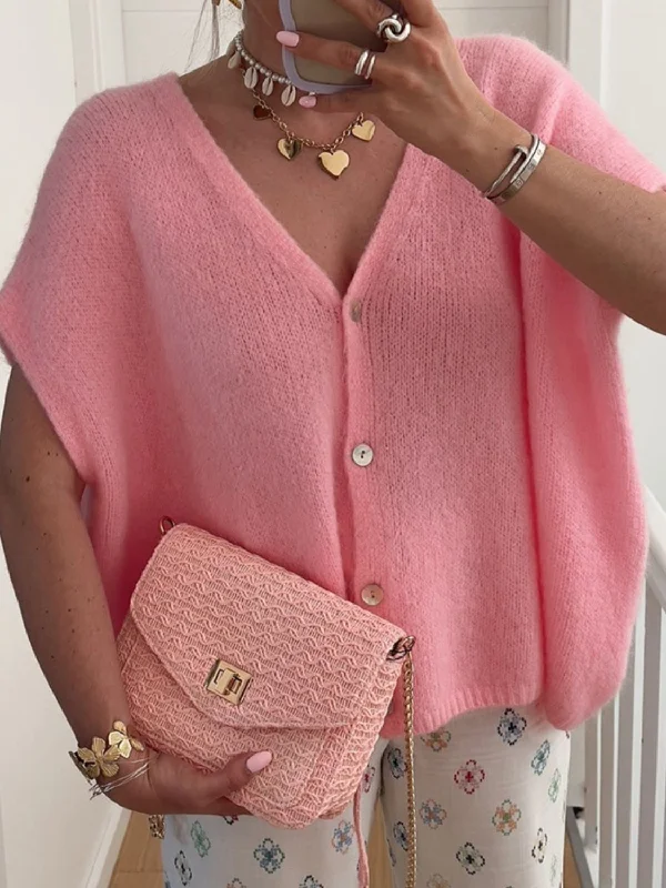 V-Neck Button Up Short Sleeve Cardigan Monochromatic All - in - one