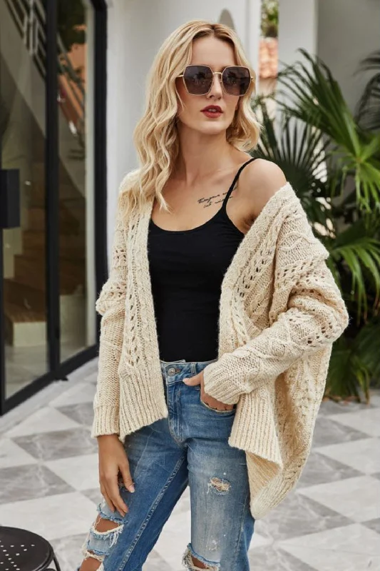 Ribbed Trim Openwork Open Front Cardigan Vacation