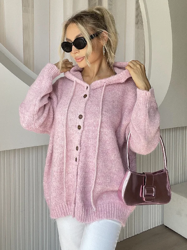 Drawstring Button Down Hooded Cardigan Monochromatic All - in - one