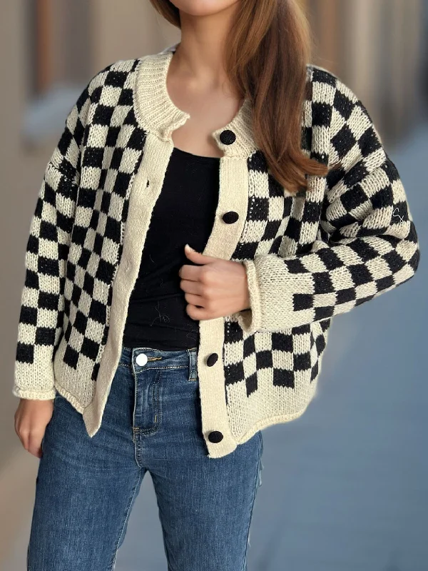 Checkered Button Up Round Neck Cardigan Compression