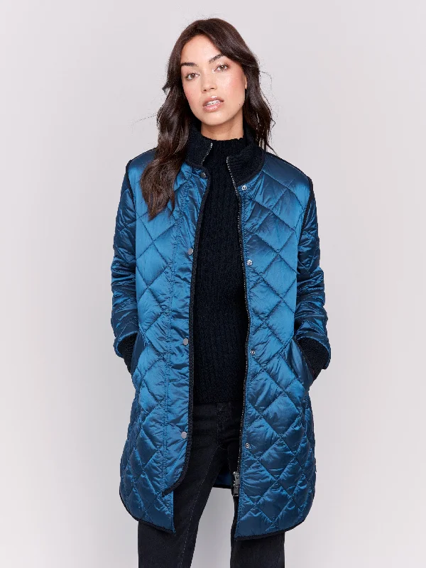 Long Quilted Puffer Jacket - Peacock Cozy Women's Sherpa - lined