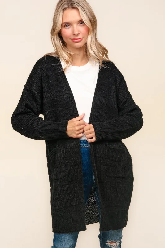 Haptics Stripe Textured Open Front Cardigan with Pockets Casual Women's Japanese 