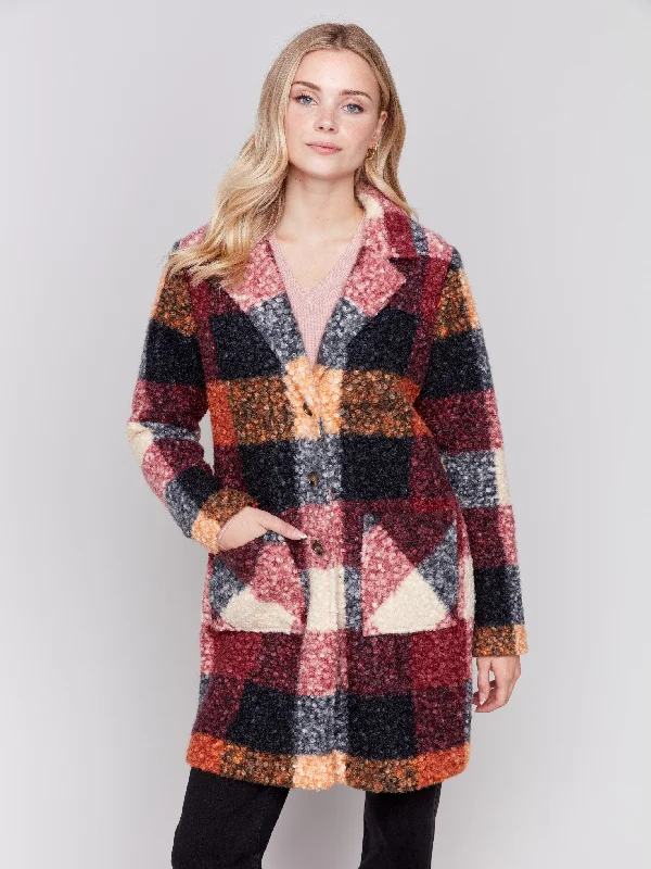 Plaid Bouclé Knit Coat - Cabernet Modern Women's 