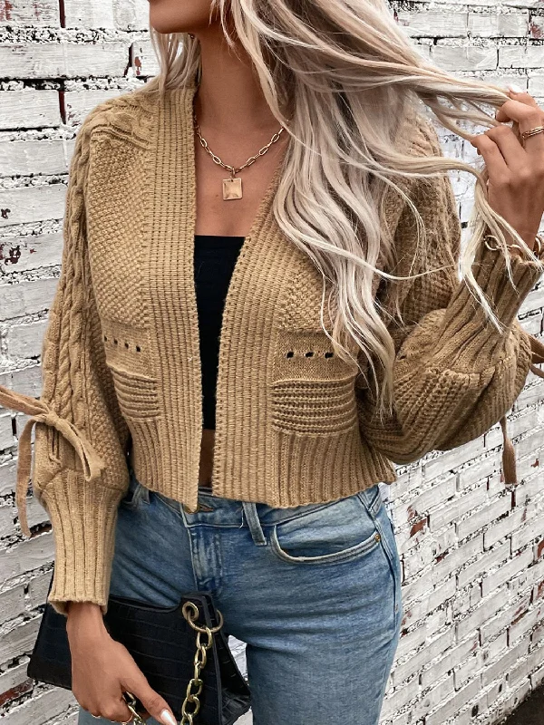 Cable-Knit Tied Open Front Lantern Sleeve Cardigan Modern Women's Tech