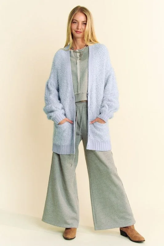 Davi & Dani Ribbed Hem Button Up Long Sleeve Cardigan Elegant Women's Formal 