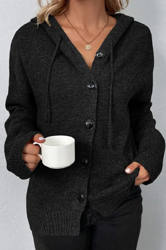 Drawstring Button Up Hooded Cardigan Sustainable Organic