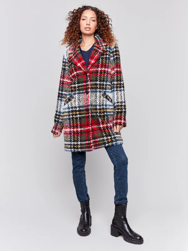 Straight Cut Plaid Bouclé Knit Coat - Cranberry Country