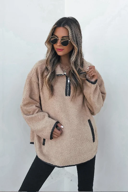Tan Sherpa Fleece Half Zip Pullover Streetwear Style for 