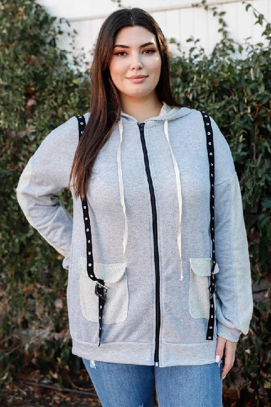 Junior Plus Grey Contrast Belt & Reversed Details Zip-Up Hoodie Sweatshirt /2-2 Artistic Women's Hand - painted