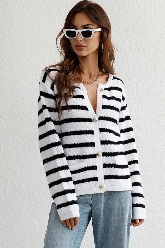Striped Button Down Long Sleeve Cardigan Monochromatic Office Style