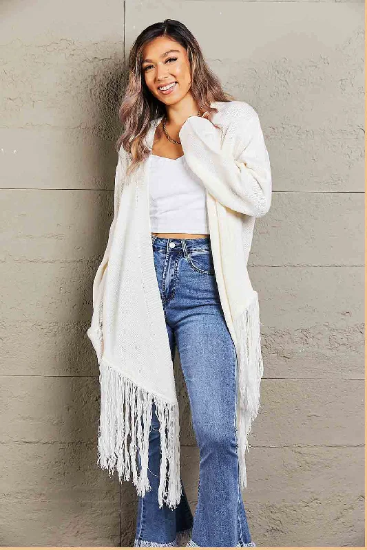 Fringe Hem Open Front Ribbed Trim Cardigan Unique Women's Upcycled