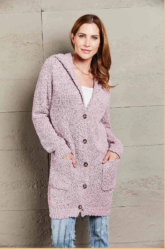 Double Take Popcorn-Knit Long Sleeve Hooded Cardigan Cool Women's Distressed
