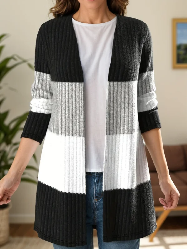 Color Block Open Front Long Sleeve Cardigan Women