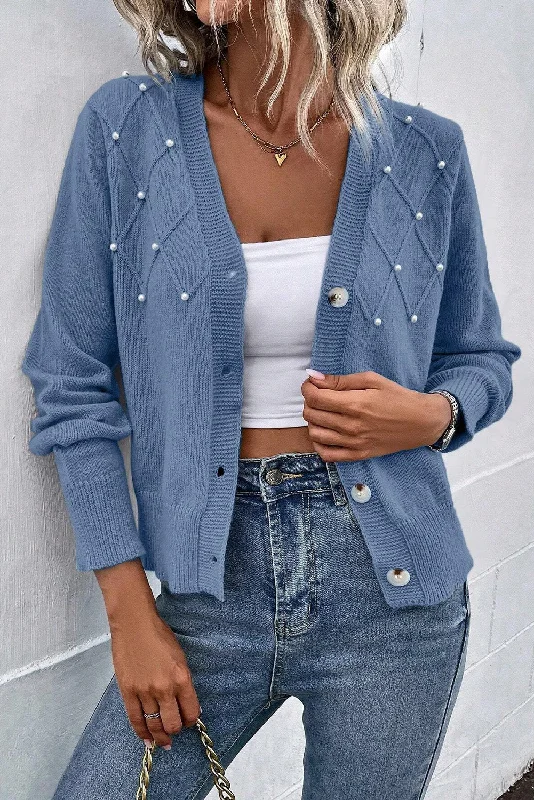 Pearl Trim Button Up Cardigan Classic Women's Pin - striped