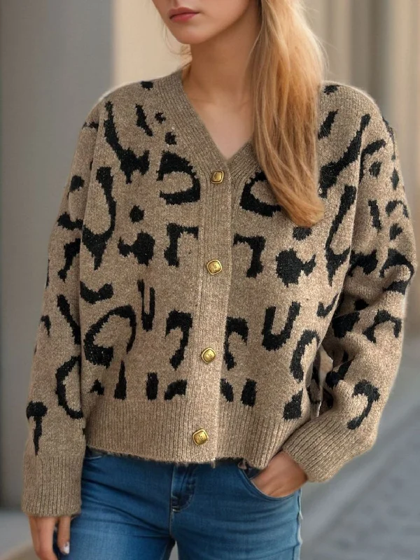 Leopard V-Neck Button Up Cardigan Relaxed Women's 