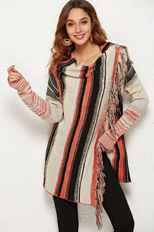 Angel Wings Striped Tassel Detail One-Button Cardigan Compression