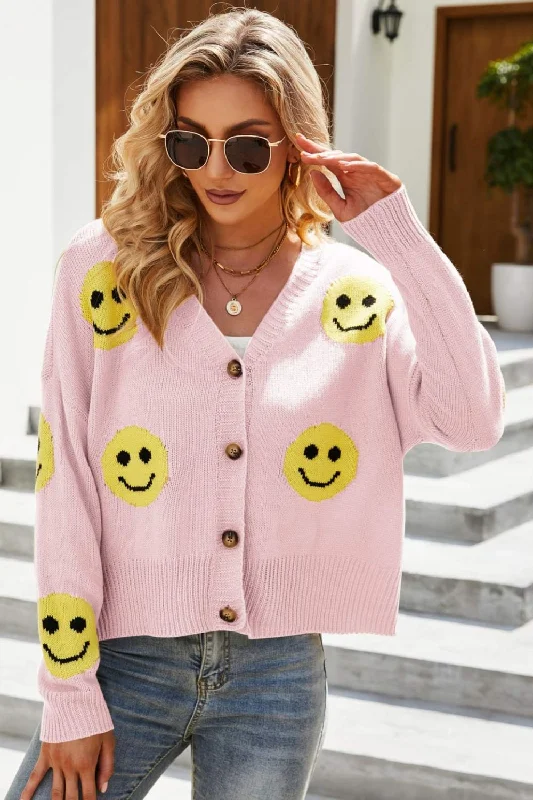 Smiley Face Ribbed Trim V-Neck Cardigan Refined Women's Classic 