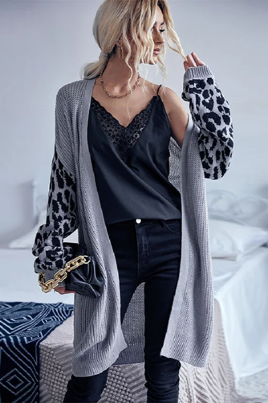 Perfee Leopard Sleeves Waffle Knit Open Front Cardigan Traditional Women's 