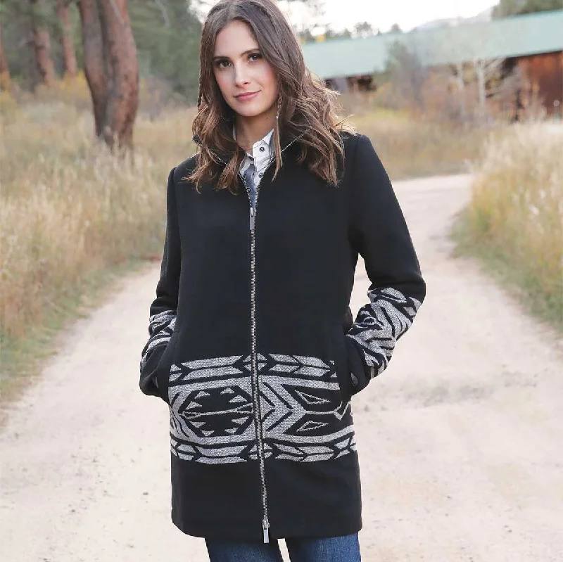 Cruel Women's Southwestern Banded Walking Coat in Black Polished Women's Silk
