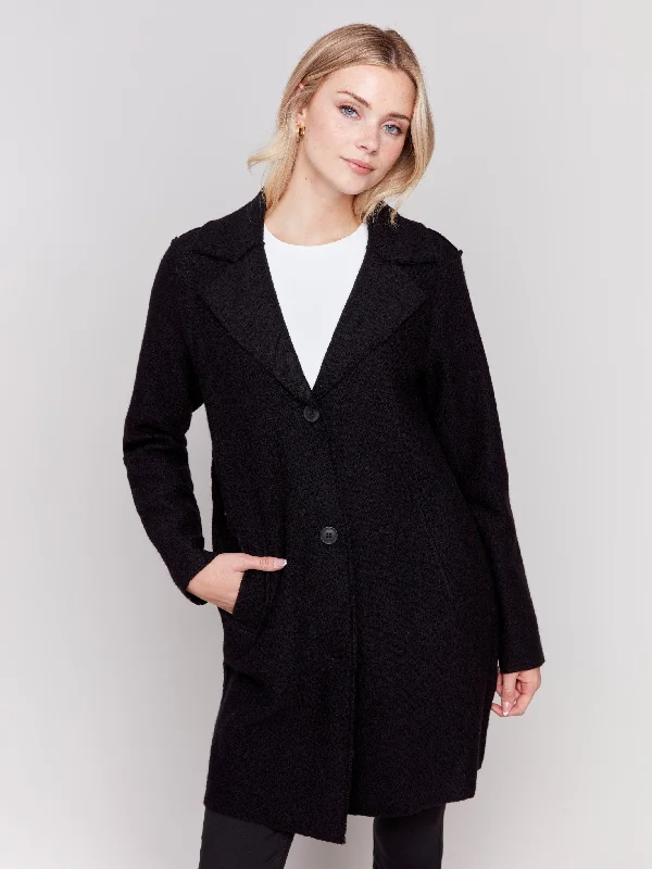 Long Boiled Wool Coat - Black Laid - back Women's Style
