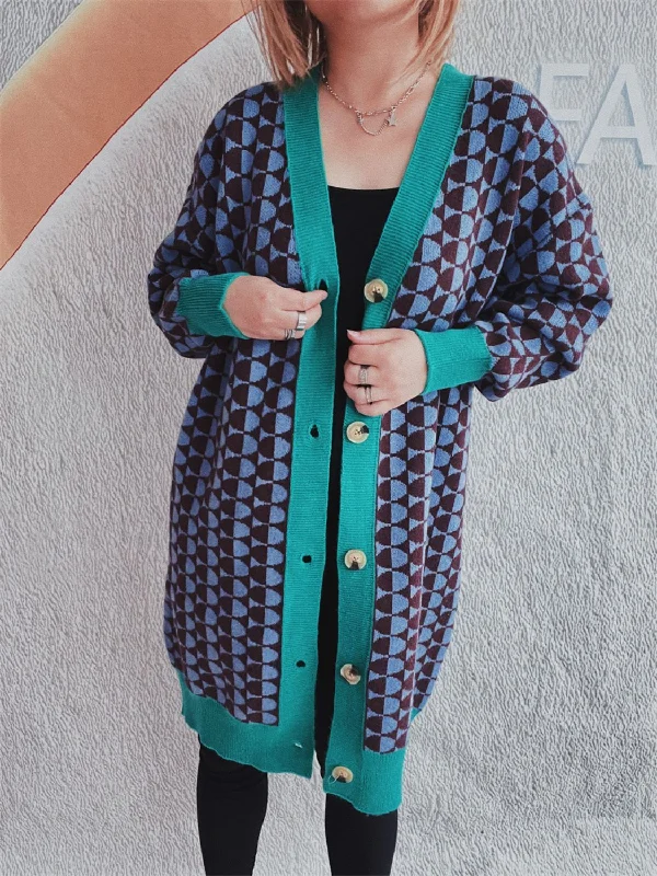 Contrast Trim Geometric Button Down Cardigan Elegant Women's Formal 