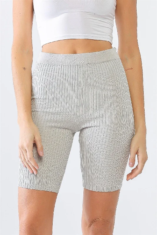 Silver Ribbed High Waist Slim Fit Stretchy Shorts French