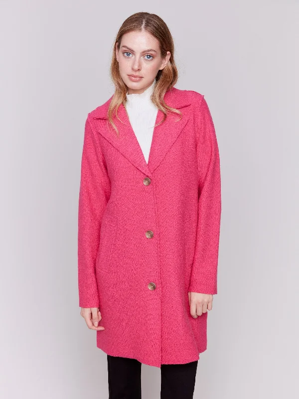 Long Boiled Wool Coat - Magenta Dapper Women's Bow - adorned
