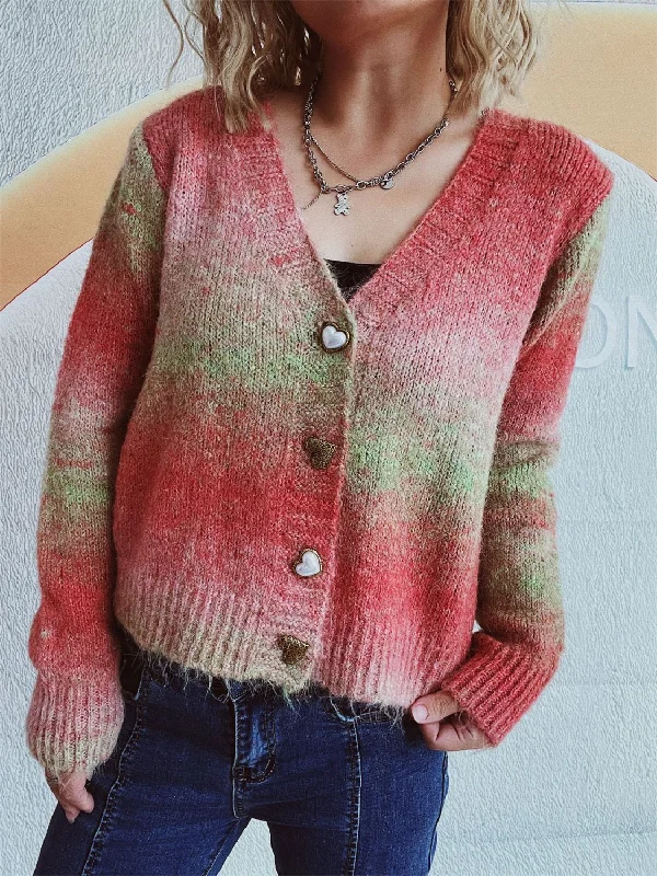 Gradient Heart Shape Button V-Neck Cardigan Luxurious Women's High -  end