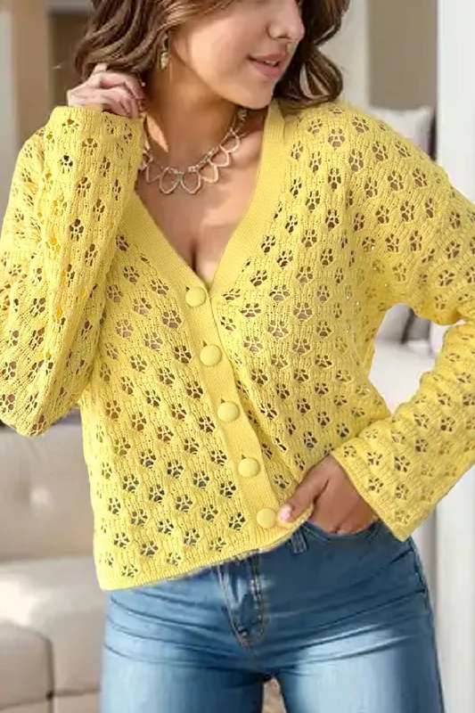 Openwork V-Neck Long Sleeve Cardigan Trendy Women's 