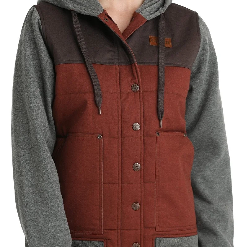 Cinch Women's Canvas Hoodie Jacket in Gray & Burgundy Sophisticated Women's Tailored Cinch Women's Canvas Hoodie Jacket in Gray & Burgundy Sophisticated Women's Tailored
