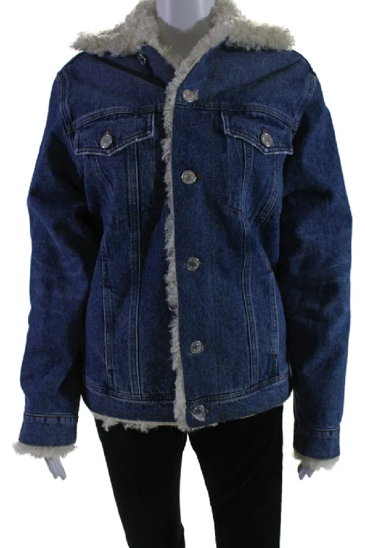 AMI Alexandre Mattiussi Womens Faux Fur Lined Jean Jacket Blue Denim Trendy Women's 