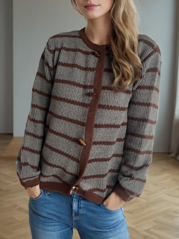 Striped Round Neck Long Sleeve Cardigan Earthy Women's 