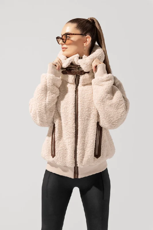 The Kinsley Bomber Jacket in Faux Sherpa - Taupe Bold Women's Animal Print