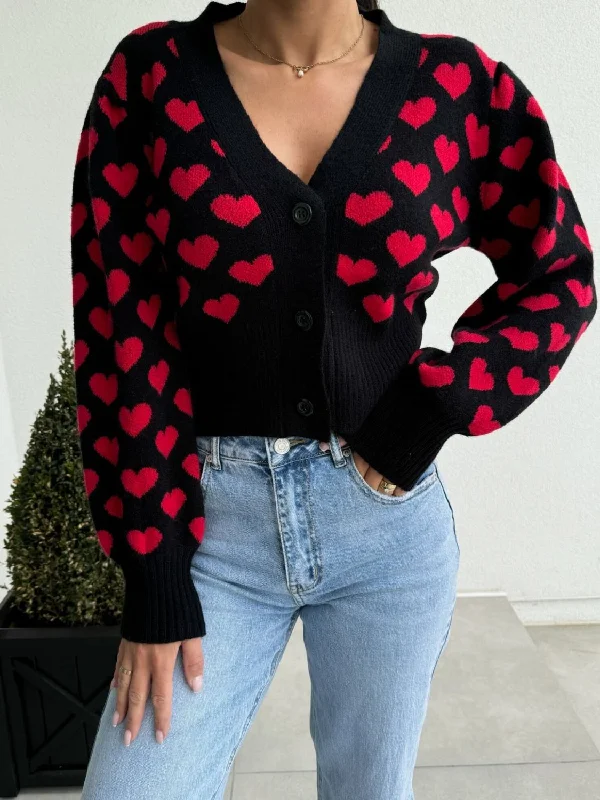 Valentine’s Day Heart V-Neck Cropped Cardigan Relaxed Women's 