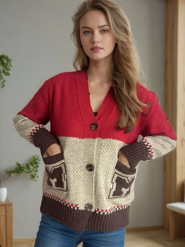 Pocketed Contrast V-Neck Button Up Cardigan Classic Women's Tweed