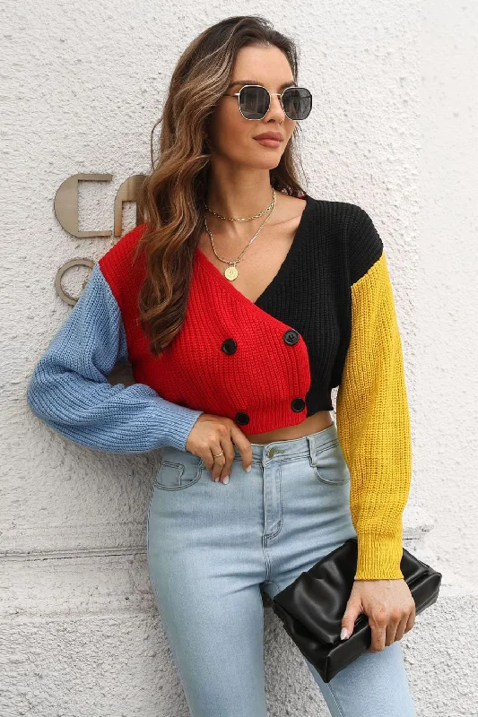 Cropped Contrast Color V- Neck Buttoned Cardigan garde