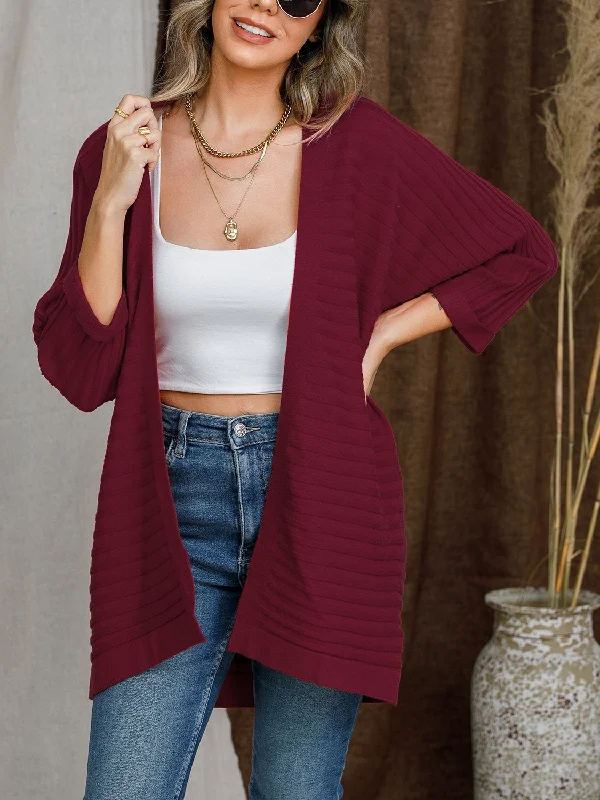 Striped Open Front Knit Cardigan Elegant Women's 