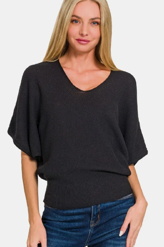 Zenana V-Neck Short Sleeve Dolman Sweater Sporty Women's Athleisure 
