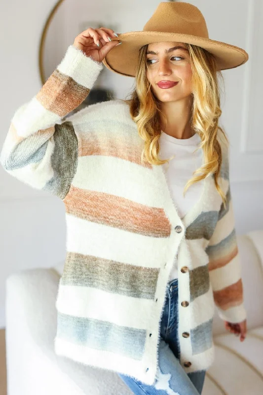 Haptics Full Size Button Down Stripe Soft Fuzzy Sweater Cardigan Preppy Women's College