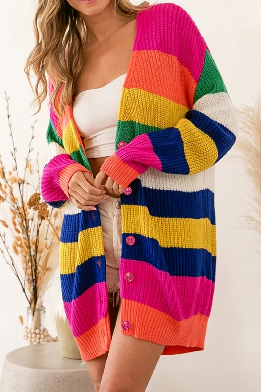 Striped Button Down Longline Cardigan Laid - back Women's Vibe