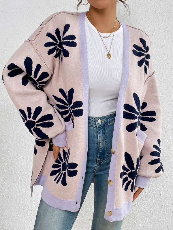 Contrast Dropped Shoulder Long Sleeve Cardigan Artistic Women's Hand - painted
